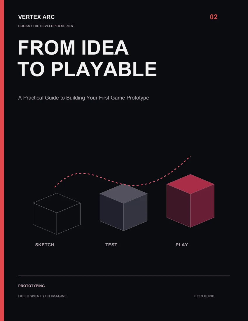 Wireframe platforms becoming solid crimson geometry on the cover of From Idea to Playable