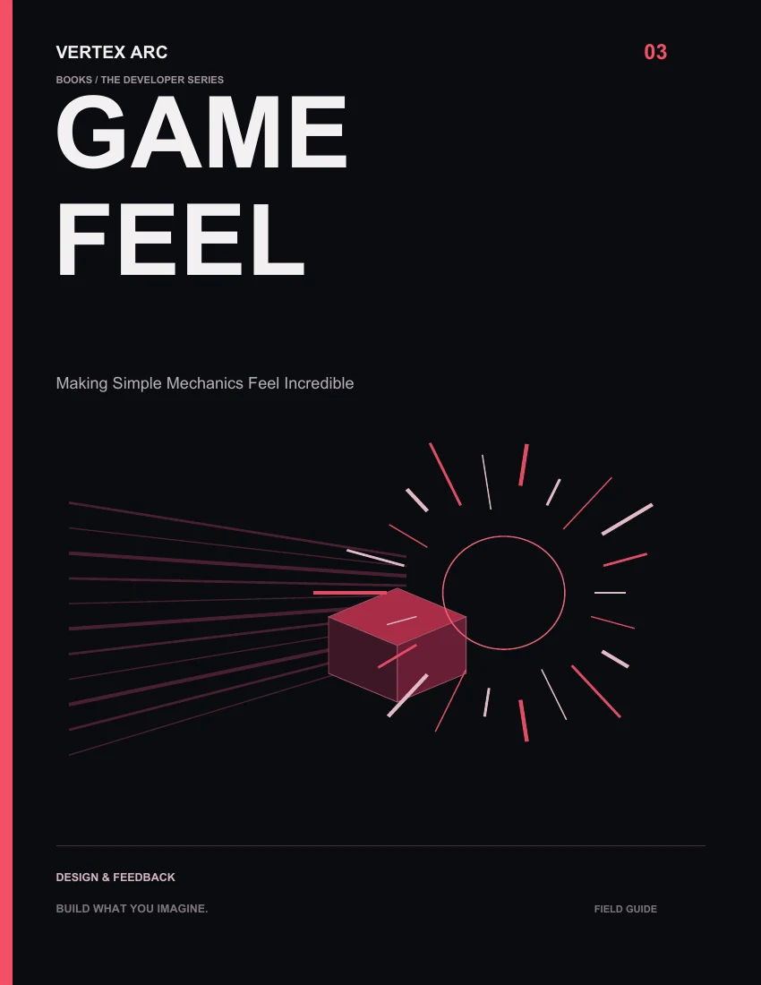 A moving crimson player shape and a burst of impact lines on the cover of Game Feel