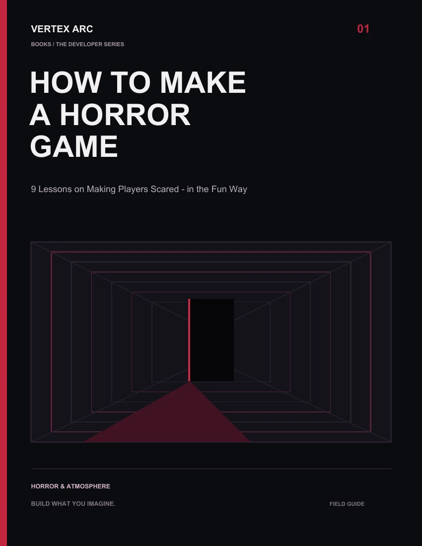 Crimson-lit corridor receding into darkness on the cover of How to Make a Horror Game