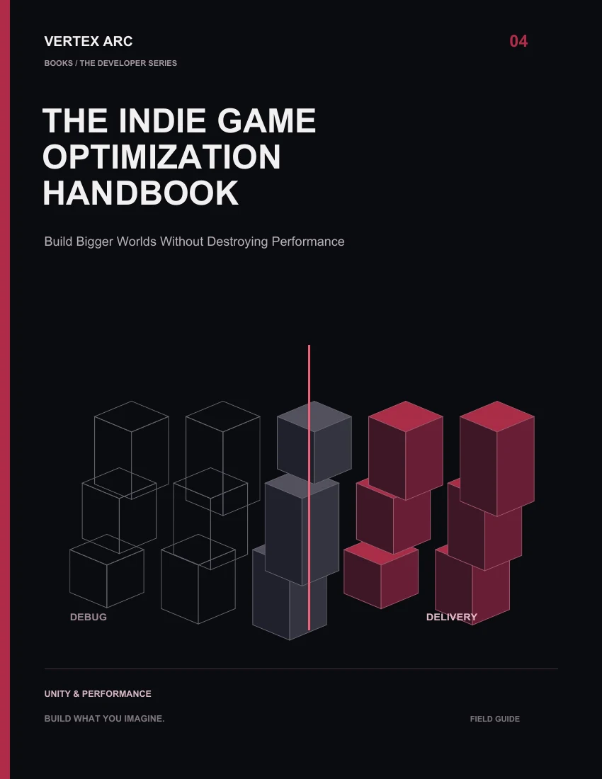 A game environment split into wireframe and solid geometry on the cover of The Indie Game Optimization Handbook