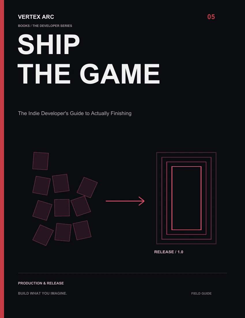 Scattered development blocks resolving into a finished release doorway on the cover of Ship the Game